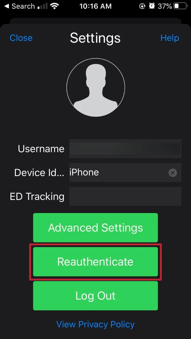Schermata delle impostazioni dellapp offline con Reauthenticate evidenziato testo