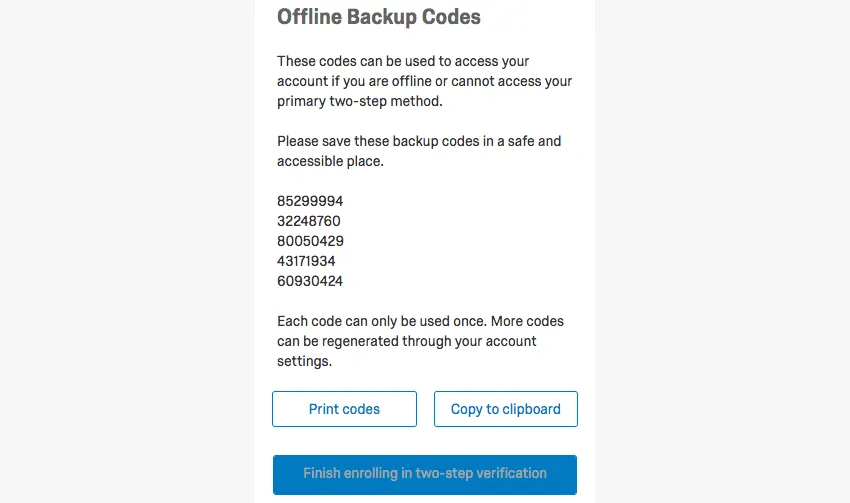 Uma lista de códigos numéricos identificados como Códigos de backup off-line