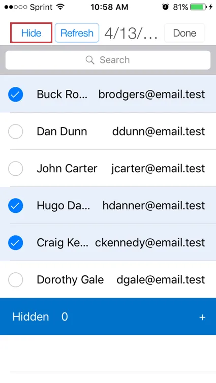 Multiple names are selected and the Hide button is being clicked