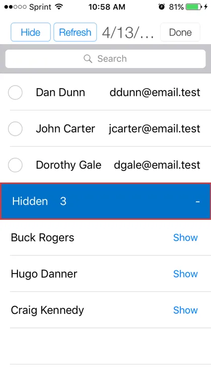 Hidden section of contact list with the names of those who have been hidden
