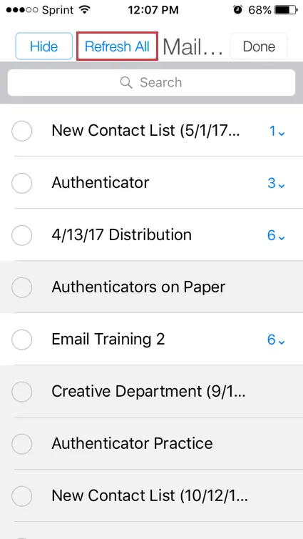 Refresh All button to left of the words Mailing List