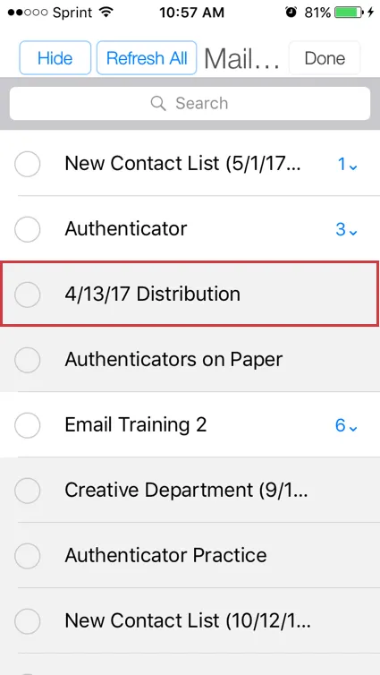 A specific contact list is being selected from the Mailing List tab