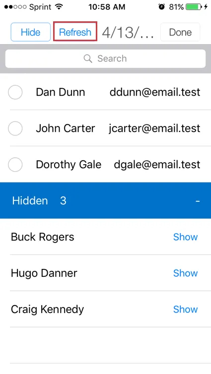 Refresh button at the top of a contact list