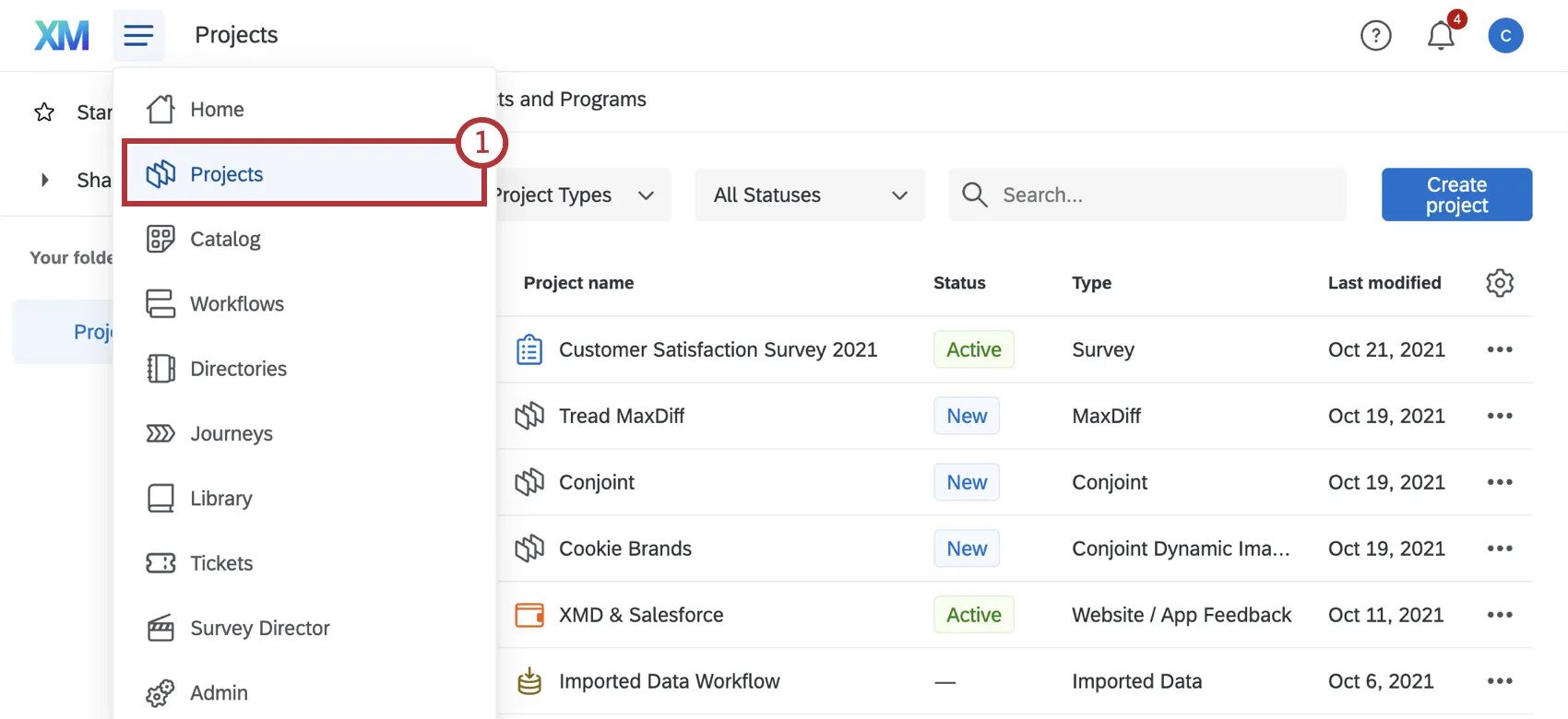projects page highlighted in the navigation menu