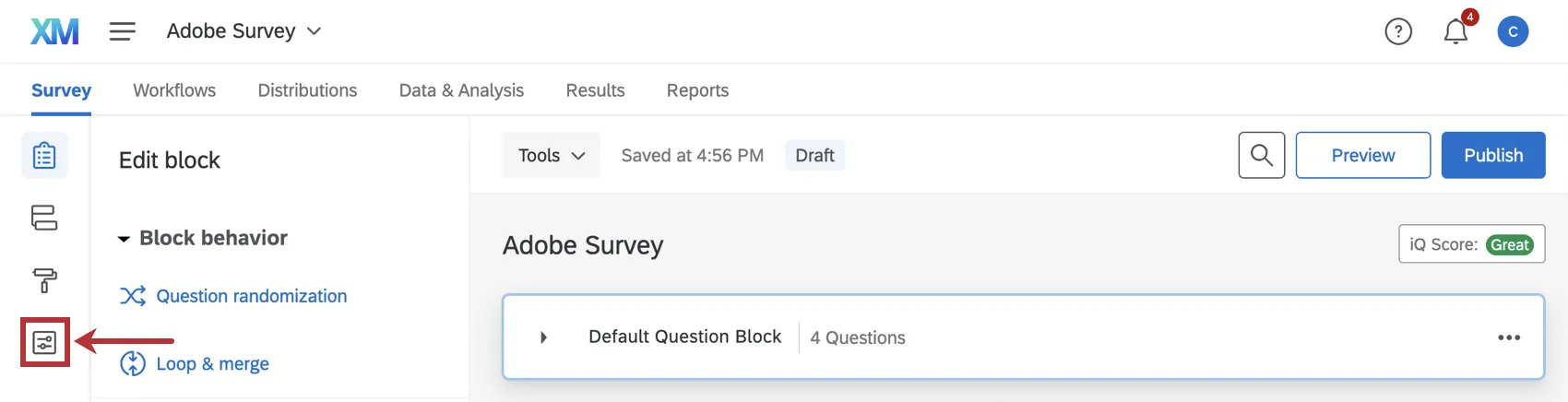 survey options highlighted in survey editor