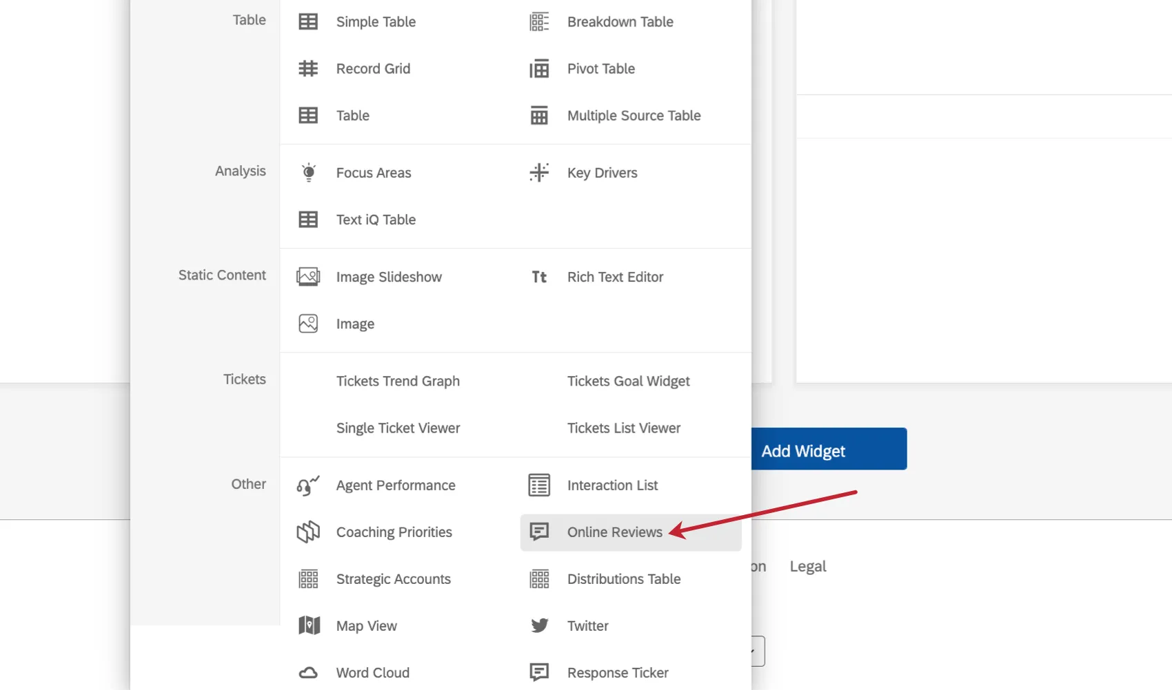 Le bouton "Add widget" se développe en un menu ; les évaluateurs en ligne sont sélectionnés