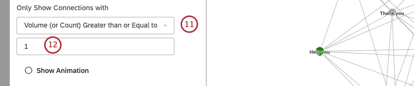 Select Volume (or Count) Greater than or Equal to to specify the minimum number of documents where the 2 nodes must occur together to show a connection between them.