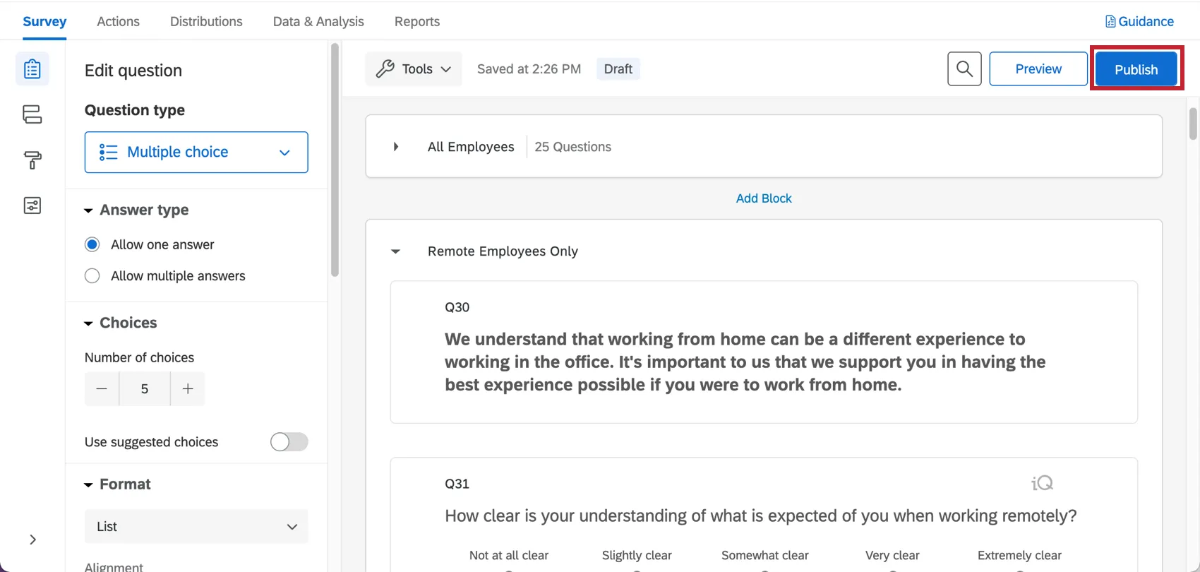 clicking the publish button