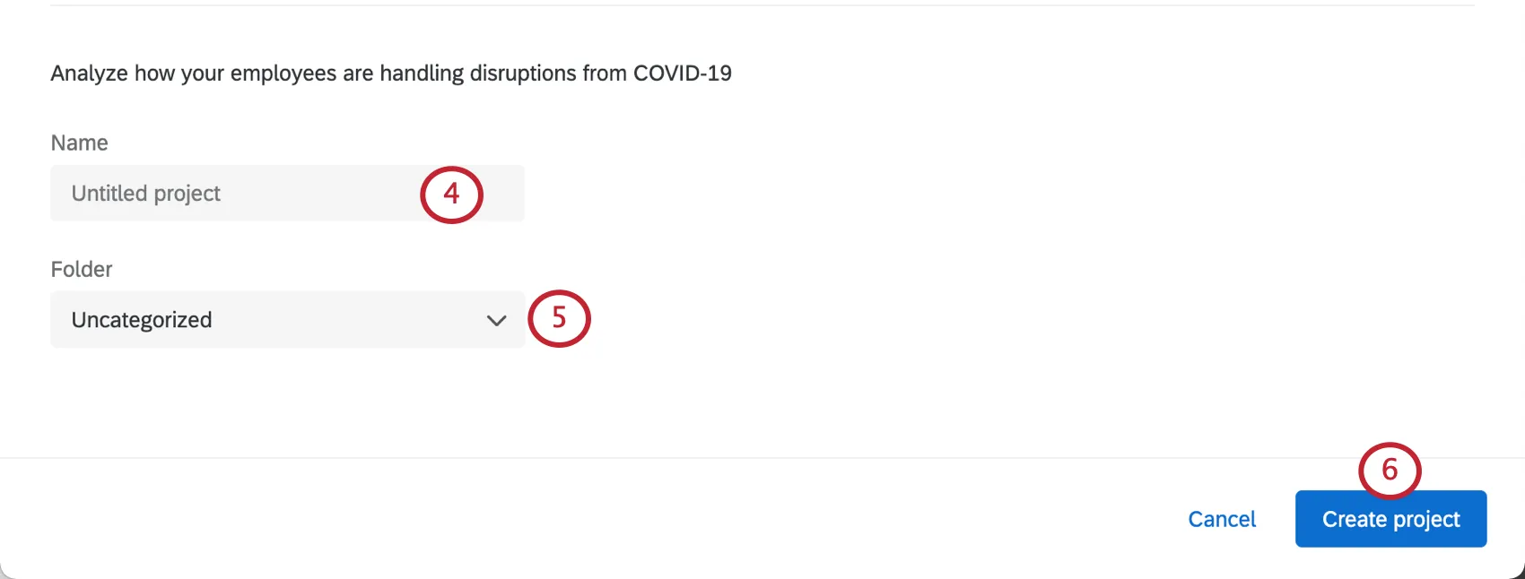 Field for project name and folder. Button to create on bottom-right
