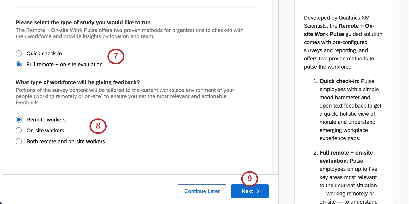 Multiple choice for assessment type. Question below that for workforce type. Next button blue, bottom-right