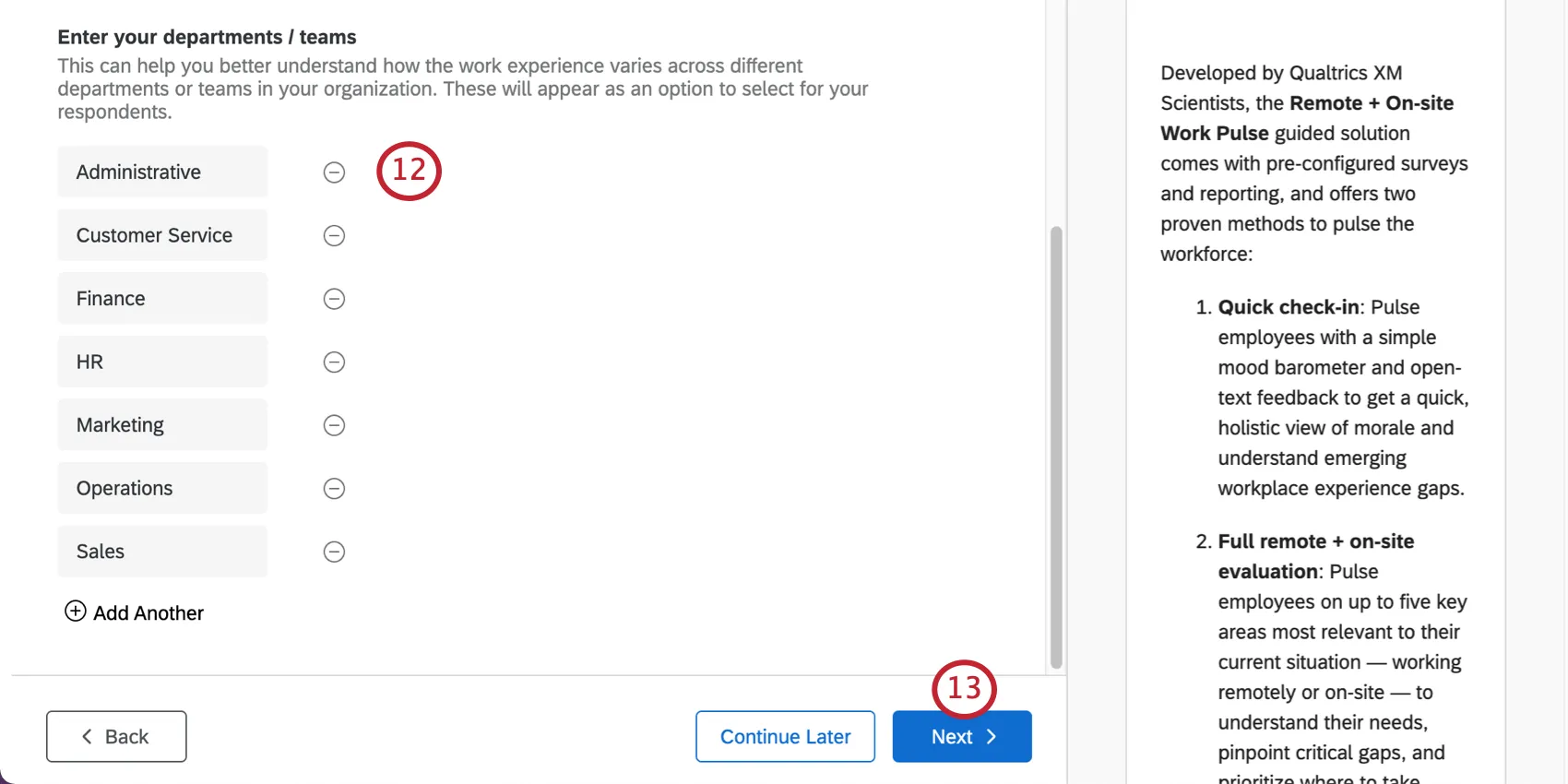 Empty fields for departments. Finish button blue, bottom-right