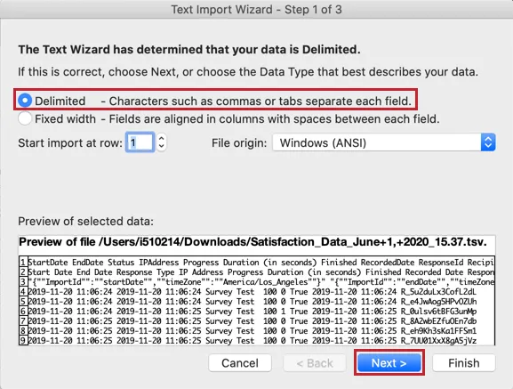 Text import wizard and delimited option