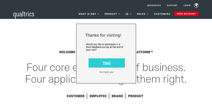 Page daccueil de Qualtrics, avec une pop-over demandant au visiteur sil souhaite participer à une enquête de retour dinformation