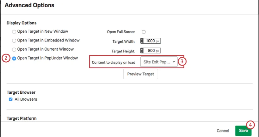 Open target in popunder window is selected on the left and content to display on load is set to the site exit pop under on the right