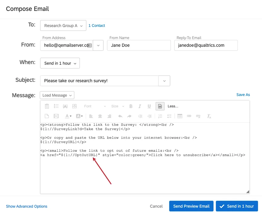 Visão da fonte html com URL de cancelamento de adesão em vez do link de cancelamento de adesão no texto transportado