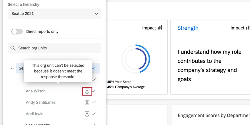 uma unidade está acinzentada porque não atende aos limites de anonimato, e há um ícone de escudo avançar da unidade para saber mais