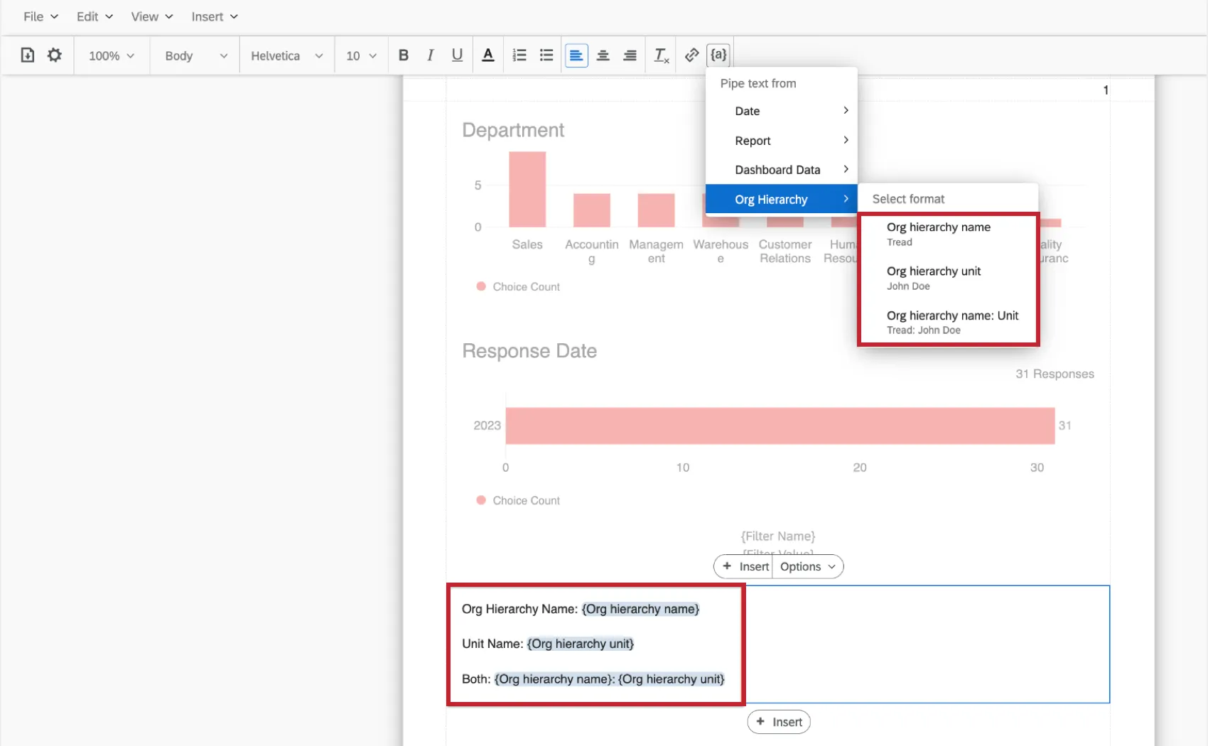 piped text options within a report