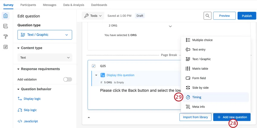 clicking add new question and then timing
