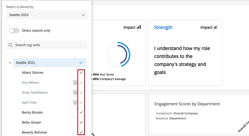 Se selecciona una unidad principal en el filtro de jerarquía . Todas las subunidades se seleccionan automáticamente y tienen una marca de verificación siguiente a ellas.