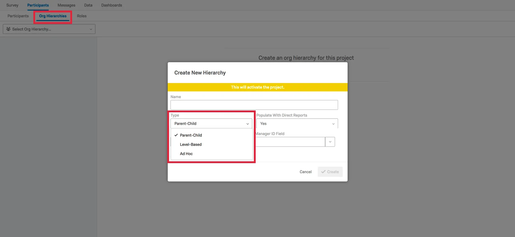 Create New Hierarchy window opened with hierarchy Type menu opened