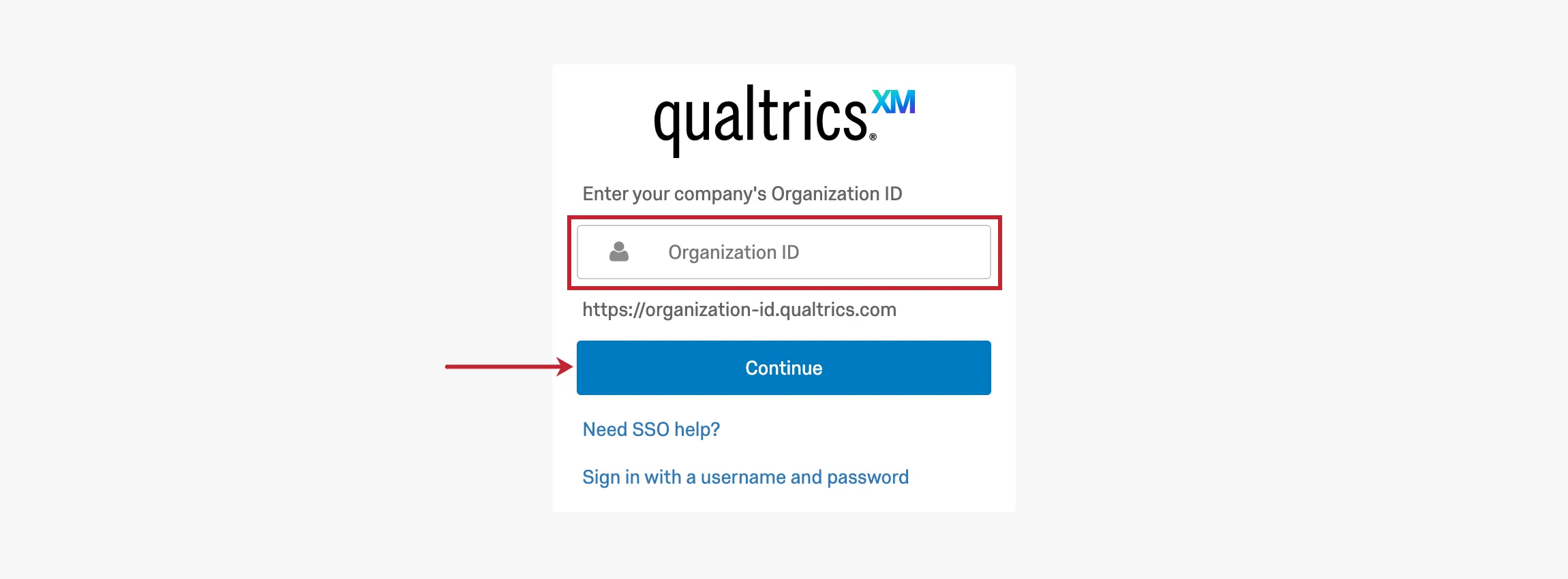 A field for organization ID and a Continue button