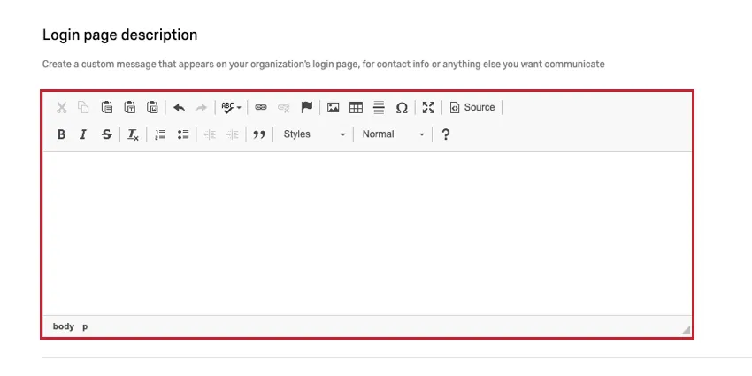 Descripción de la página de inicio de sesión con un cuadro de texto y un editor de contenido enriquecido