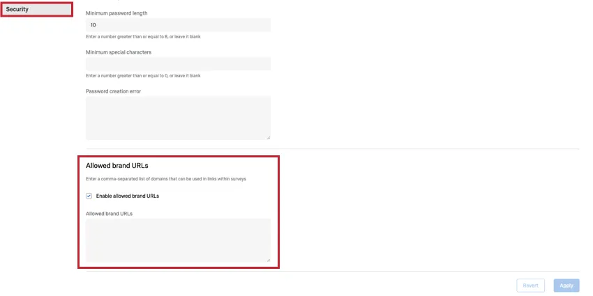 Allowed Brand URLs section in the security tab