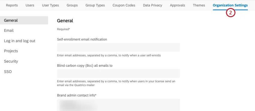 navegando até a guia de configurações da organização do admin