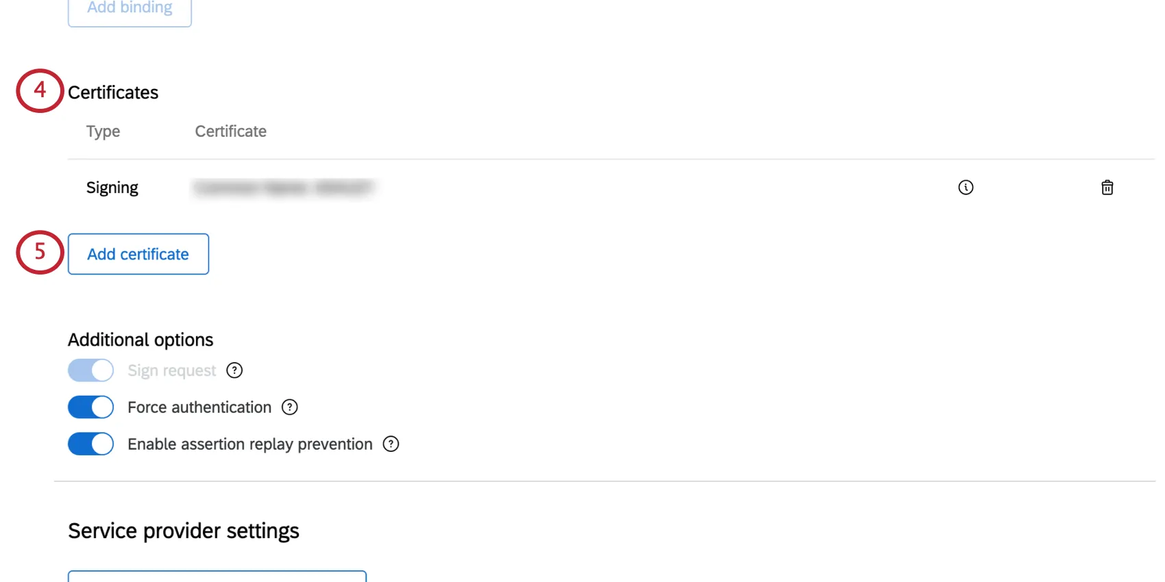Imagem da seção de certificados com o botão adicionar certificados