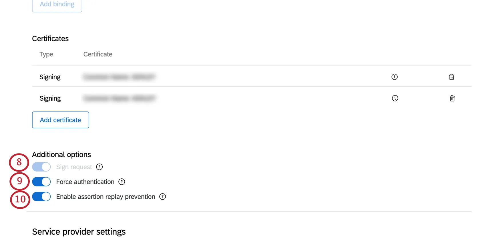 Image of after the certificate details are submitted and where you can see toggle options underneath a list of certificates