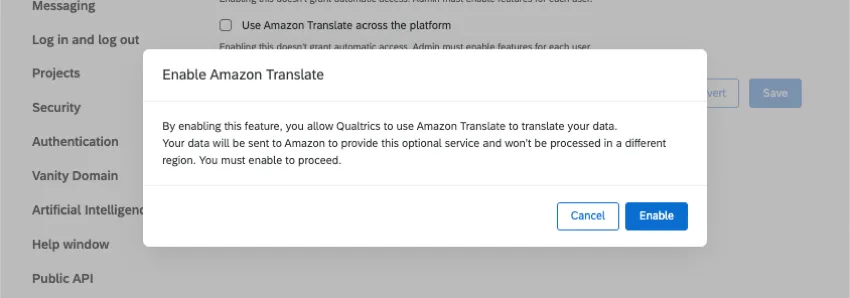 Nueva ventana que le solicita que confirme si desea habilitar Amazon Translate