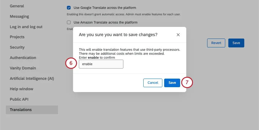 new window where you are warned that changes will apply to the entire organization and then asked to type the word enable