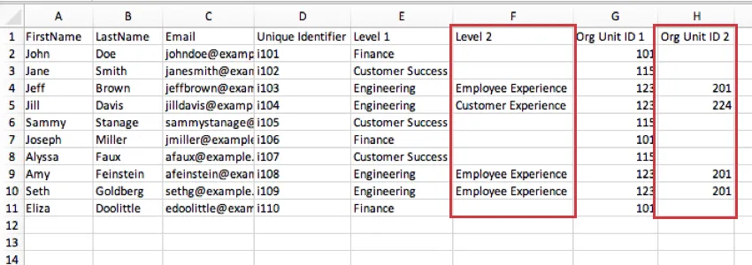 Level 2 and Org Unit ID 2 columns are highlighted