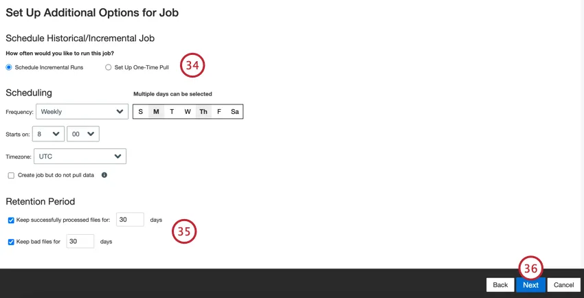 choosing the job schedule and file retention settings