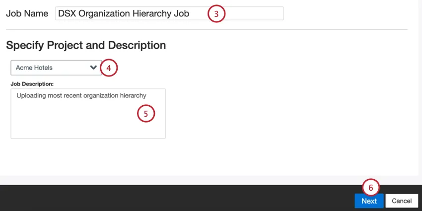 naming the job, choosing the project, and adding a description
