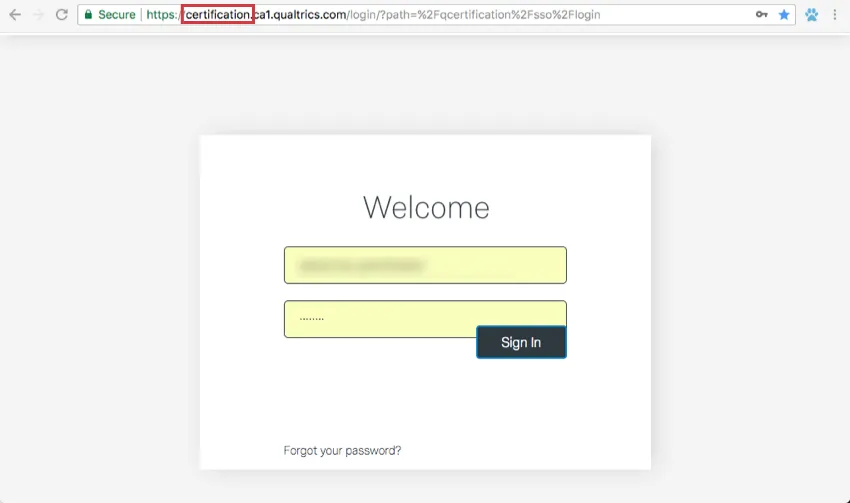 Qualtrics Certification login with Certification highlighted in the URL