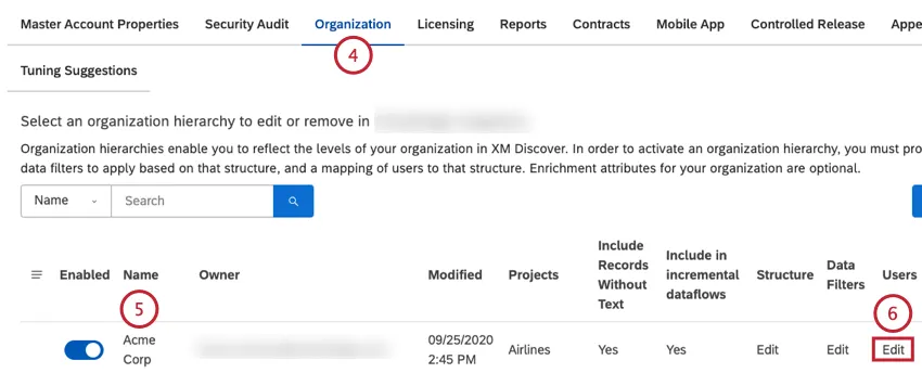 Select the Organization tab. Locate the organization hierarchy in the list. Click the Edit link in the Users column.