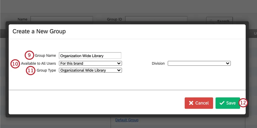 creating a new group by giving the group a name, choosing which users have access, and choosing a group type