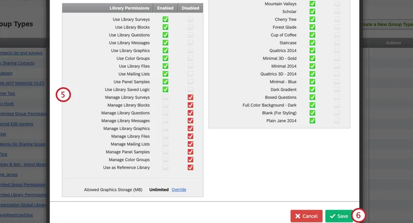 configurar los permisos para el tipo de grupo. Los permisos de uso de la biblioteca están habilitados mientras que los permisos de administración de la biblioteca están deshabilitados.