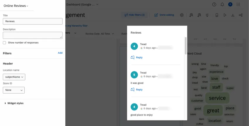 Image of online reviews populated with data