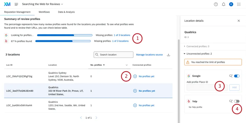 Reputation management page has locations with no profiles