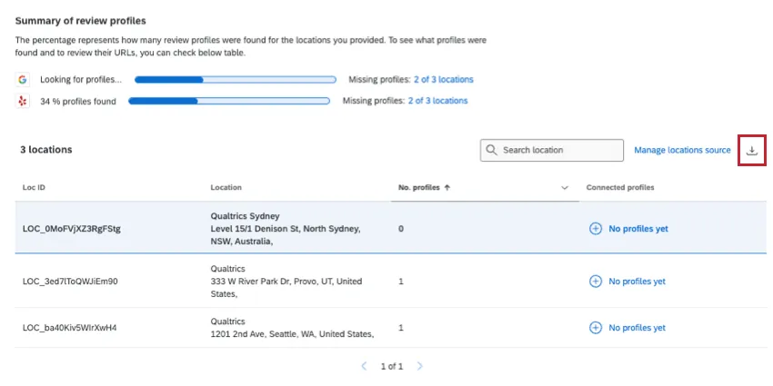 Downward arrow icon in upper-right of table indicates you can download location data