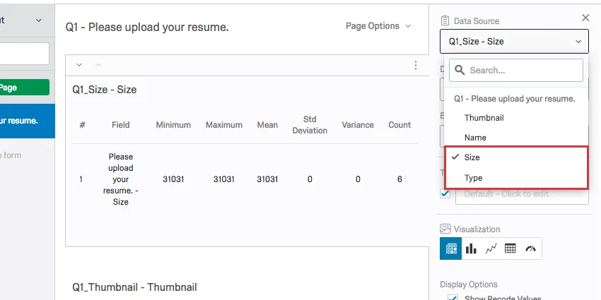 data source for a visualization in the results section can be adjust to any column in the file type file