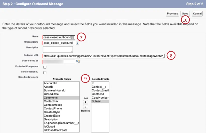 adding the outbound URL and choosing fields