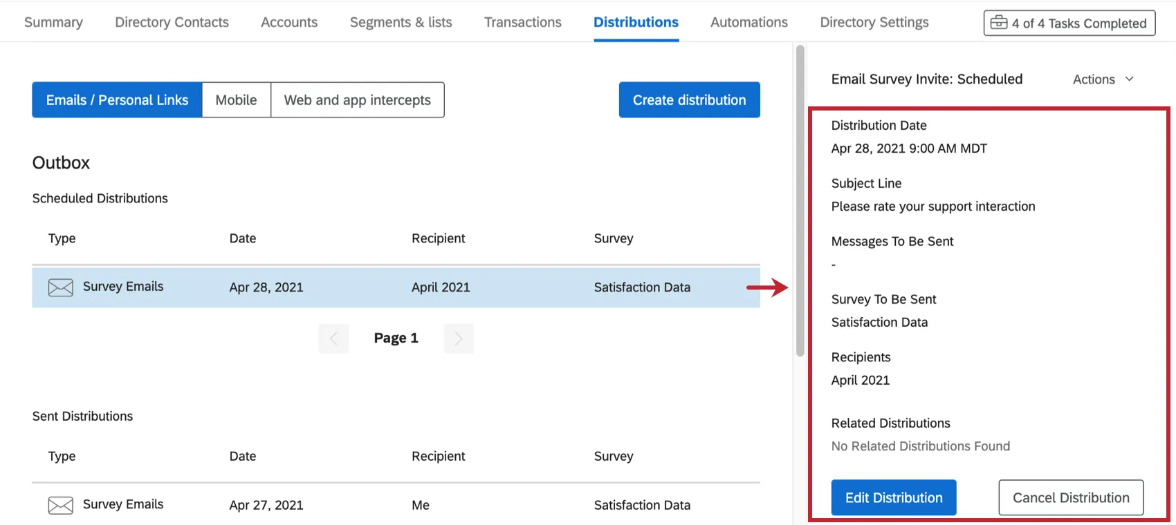 Clicking a distribution makes more information appear to the right