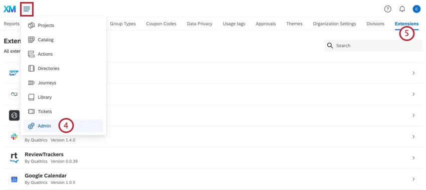 en utilisant le menu de navigation pour aller à ladministration, puis en naviguant vers les extensions