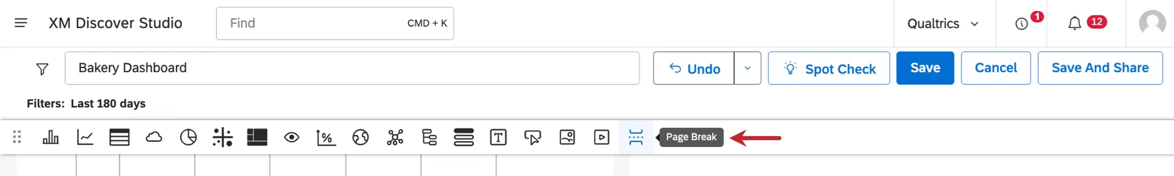 Image of bar along the top of a dashboard in editing mode, highlighting the page break option