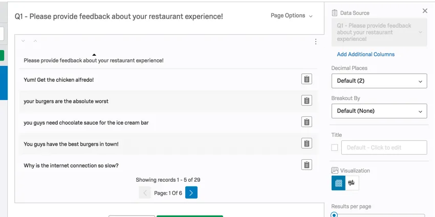 Tableau de questions avec chaque ligne affichant le retour dinformation des répondants