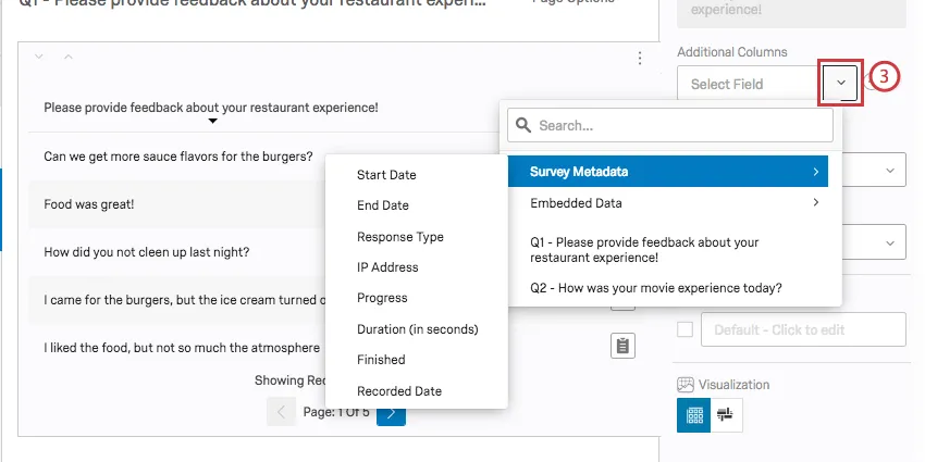 next to the empty field under additional columns, the dropdown arrow reveals a menu of additional survey items to add to the table