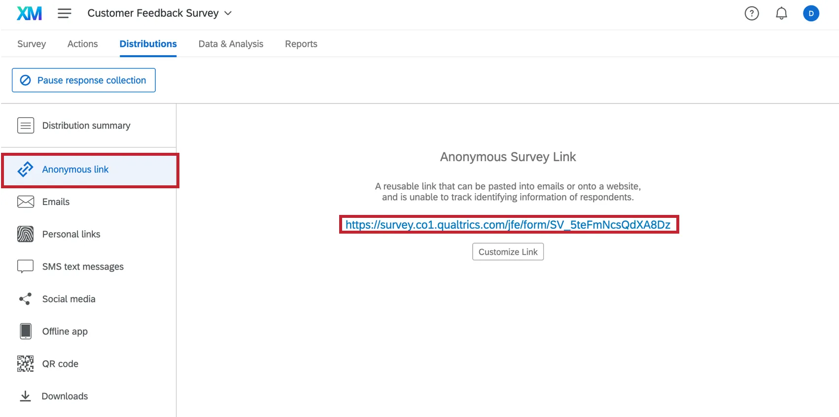 Anonymous Link section with link displayed